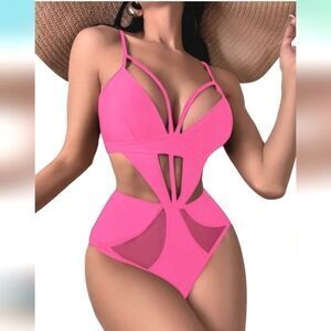 Cut Out Mesh Insert Strappy One Piece Swimsuit Monokini Swimsuit Pink Sz L Nwot